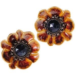 VTG Signed Alana Stewart Gold Tone Enamel Floral Clip On Earrings 1980s Jewelry